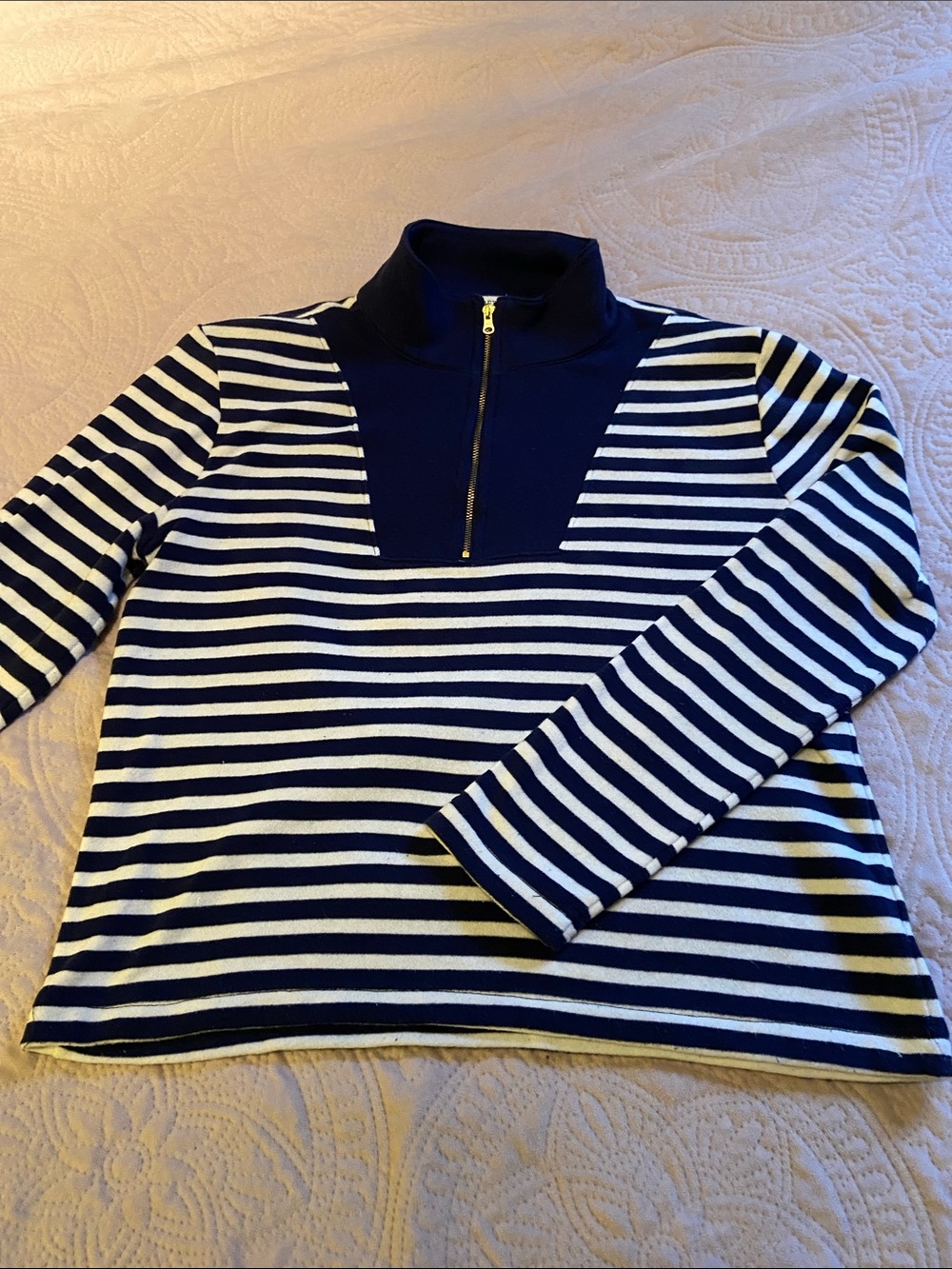 J. Crew Navy and White Striped Half-Zip Turtleneck Sweater